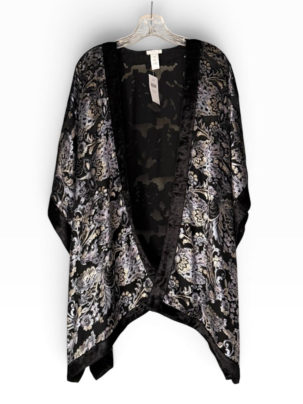 J.Jill NWT Black Multi Floral Burnout Velvet Trim Ruana Kimono Plus XL-3X